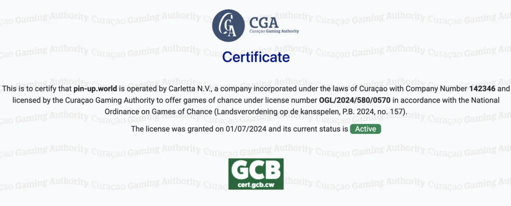 Certificado de licencia Pin Up